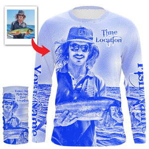 Fishing Shirt Custom Name, Image, Time, Location 3D UV protection Shirts UPF 30+ Fishing gift| Blue - TMTS050