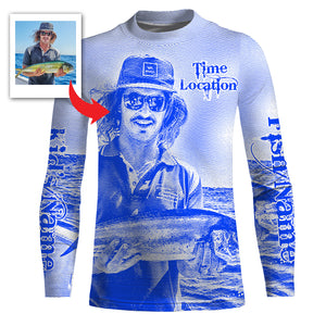 Fishing Shirt Custom Name, Image, Time, Location 3D UV protection Shirts UPF 30+ Fishing gift| Blue - TMTS050