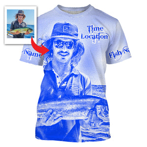 Fishing Shirt Custom Name, Image, Time, Location 3D UV protection Shirts UPF 30+ Fishing gift| Blue - TMTS050