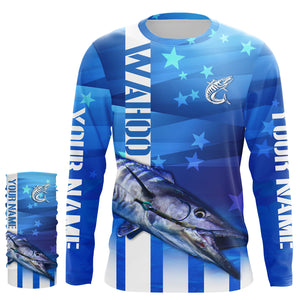 Wahoo Fishing Custom Blue Long sleeve performance Fishing Shirts, Wahoo Fishing apparel TMTS016