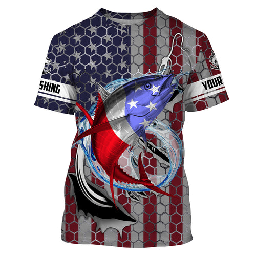 Personalized Tuna Fishing Fish Hook Vintage American Flag Saltwater Fishing UV Protection Fishing Shirts HVFS057