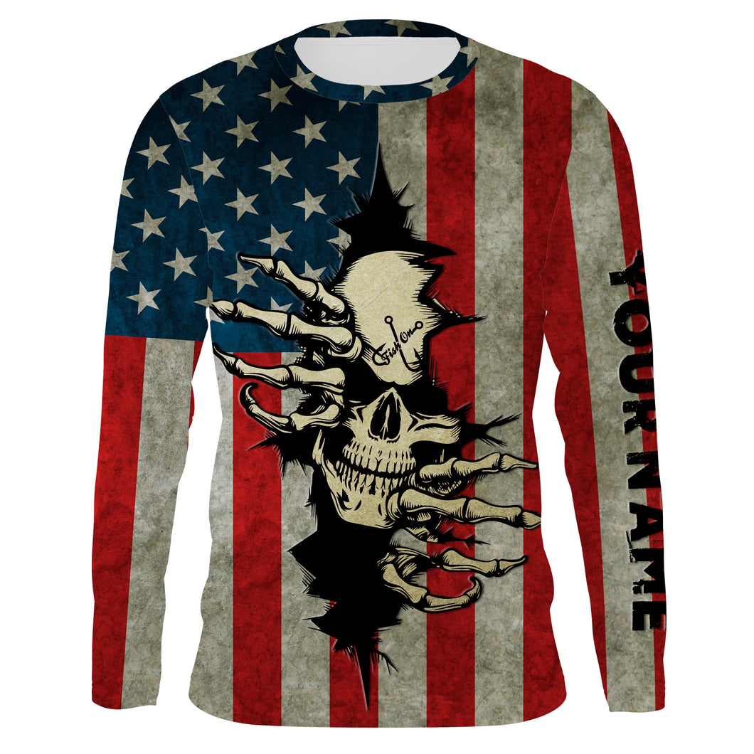 American Flag Skull Fish On Custom Long Sleeve performance Shirts, Personalized Patriotic Fishing Gifts TTN73