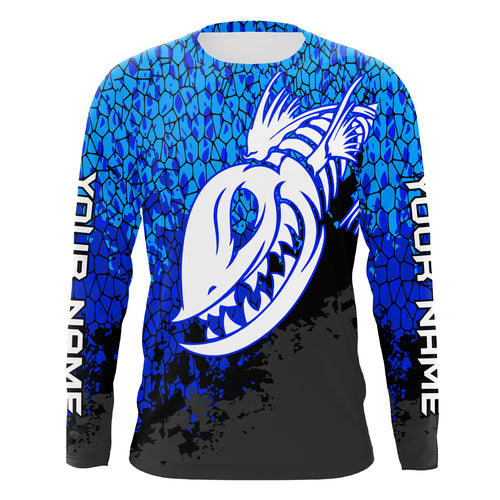 Blue Camo Fish Reaper Skull Custom Long Sleeve Performance Fishing Shirts TTN92