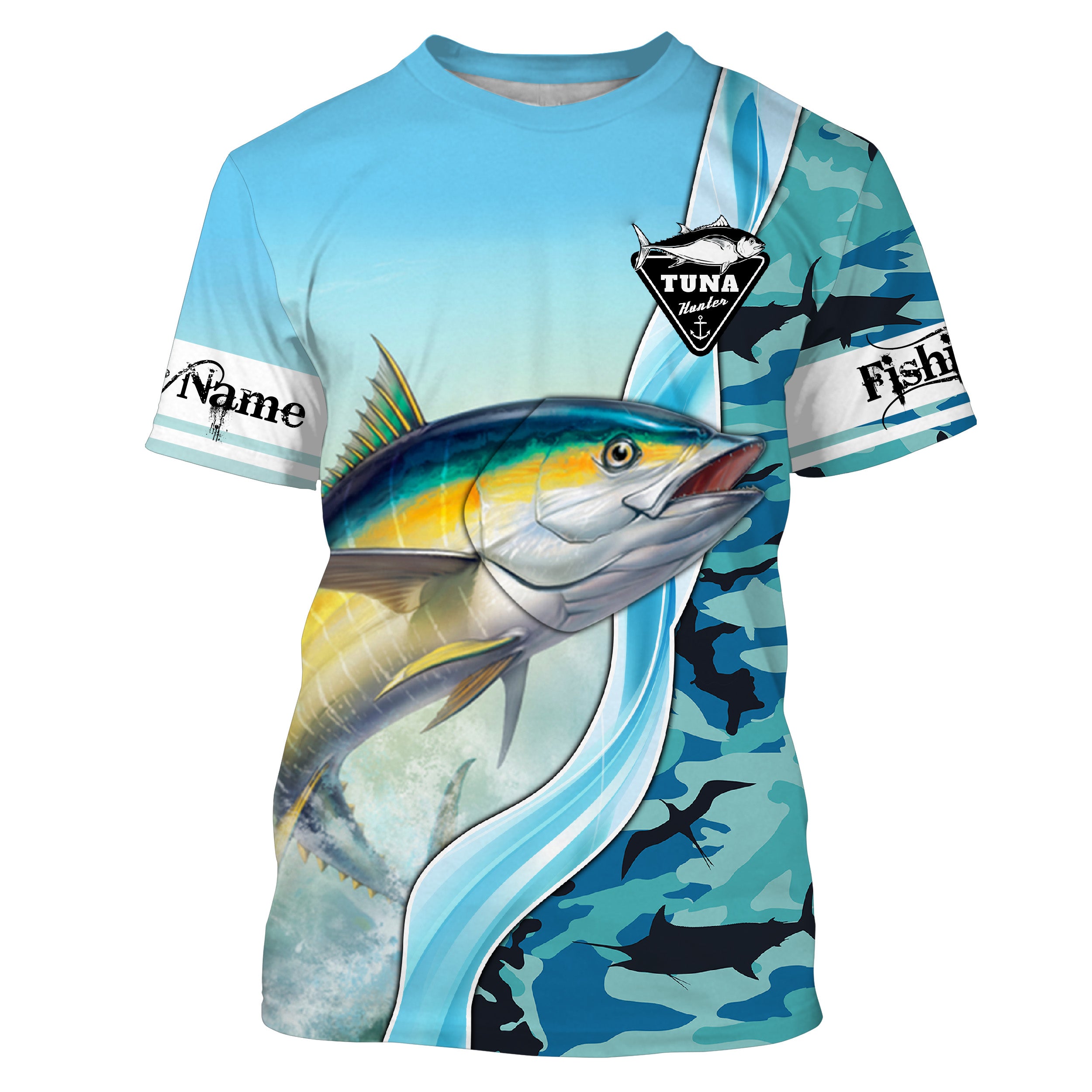 Tuna Fishing Custom Long Sleeve Performance Fishing Shirts, Tuna Fishing Jerseys | Blue Camo TTV90 Long Sleeves UPF / 3XL