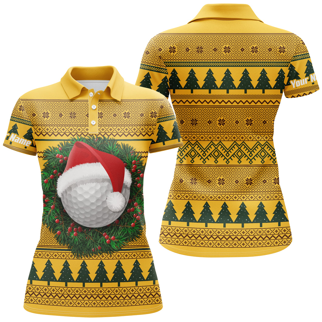 Ugly Christmas Sweater Women's Golf Sports Polo Custom Name Long Sleeves Shirt, Xmas Gift For Golfer TTN100