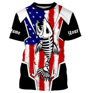 Bass Fish Skeleton American Flag Patriotic UV Protection Fishing Shirt Personalized Fishing Jerseys TTN25