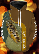 Load image into Gallery viewer, Personalized name brown trout gone fishing full printing shirt and hoodie - TATS46
