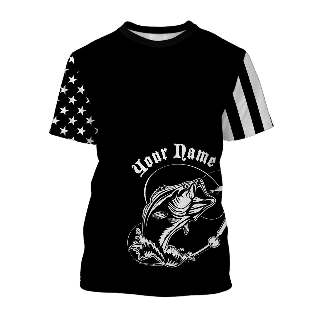 Custom Name Bass Fishing US Flag Performance Fishing Shirt, Bass Fishing Jerseys