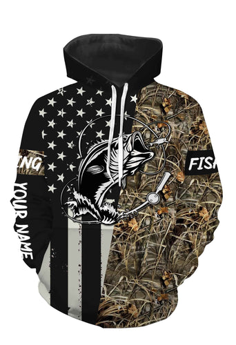 Bass Fishing US Flag Lake Camo Custom Name Full Printing Shirts Personalize Gift TATS110