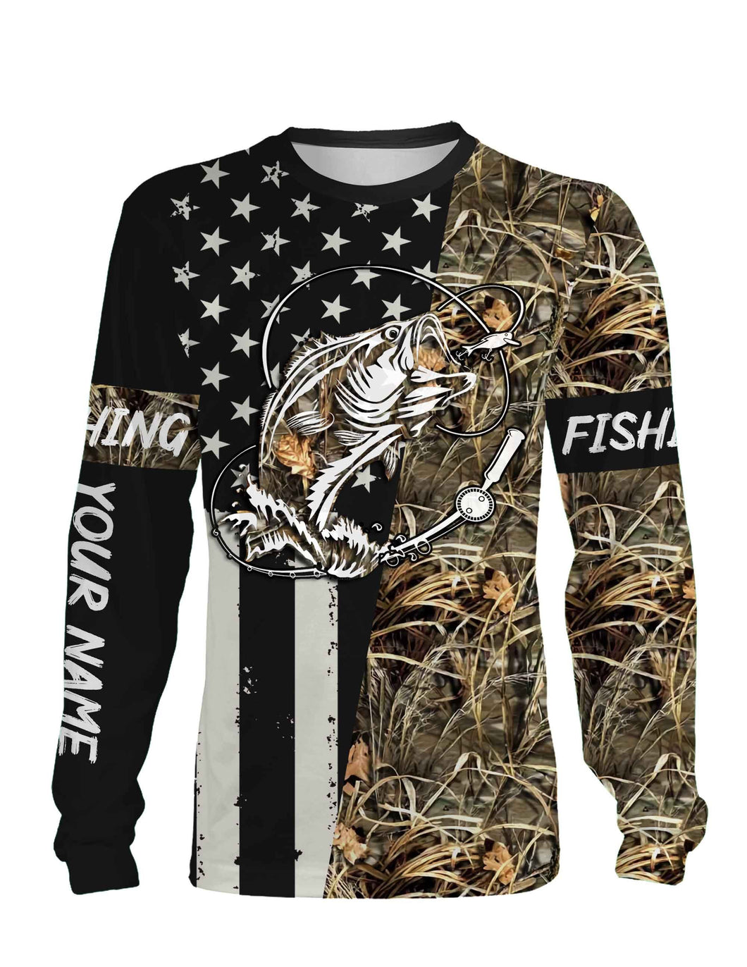 Bass Fishing US Flag Lake Camo Custom Name Full Printing Shirts Personalize Gift TATS110