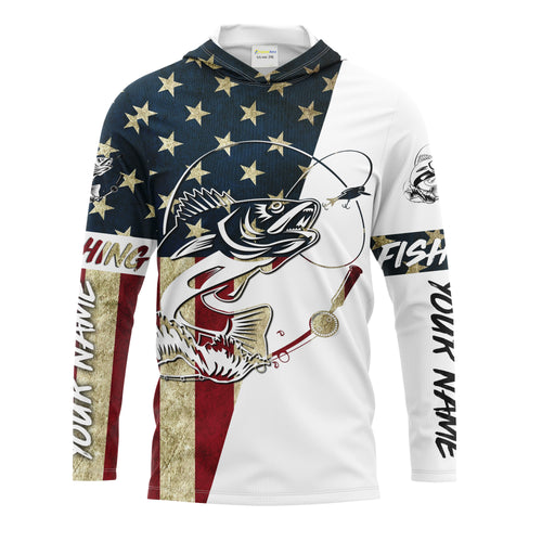 Walleye Fishing American Flag Custom Long Sleeve Fishing Shirts, Personalized Patriotic Fishing Gifts UV clothing - IPHW1109