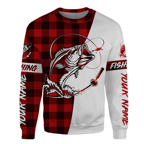 Custom Bass Fishing Red Plaid Fishing Shirts, Autumn Bass Fishing All over Sweatshirt - IPHW1710