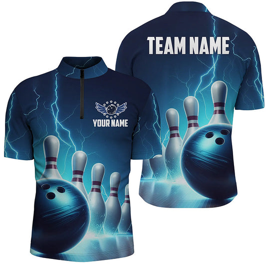 Mens Bowling Quarter Zip Shirts Custom Blue Thunder Lightning Bowling Team Jerseys Bowler Outfits IPHW5395