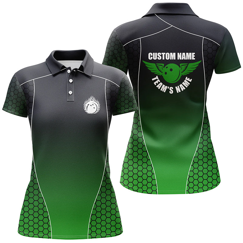 Custom Bowling Shirts With Names For Women, Flaming Bowling Ball Bowling Team Shirts | Green IPHW4241