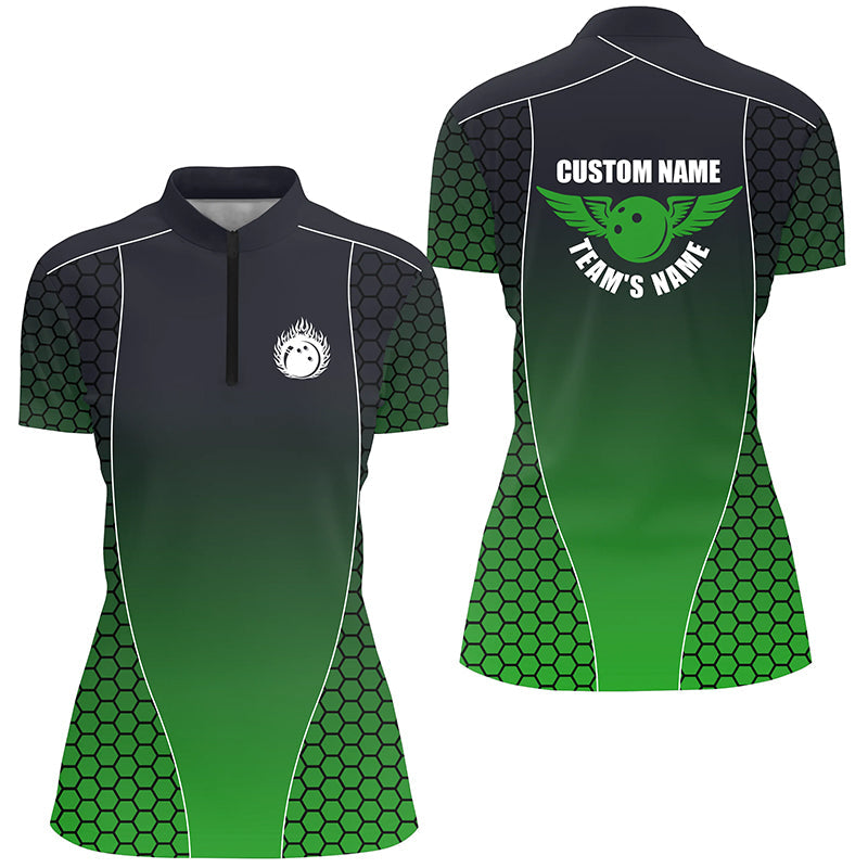 Custom Bowling Shirts With Names For Women, Flaming Bowling Ball Bowling Team Shirts | Green IPHW4241