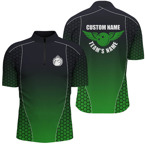 Custom Bowling Shirts With Names For Men, Flaming Bowling Ball Bowling Team Shirts | Green IPHW4241