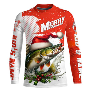 Merry Fishmas Custom Walleye Long Sleeve Christmas Fishing Shirts, Personalized Xmas Fishing Gifts IPHW5578