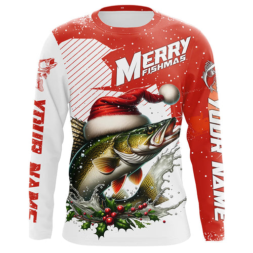 Merry Fishmas Custom Walleye Long Sleeve Christmas Fishing Shirts, Personalized Xmas Fishing Gifts IPHW5578