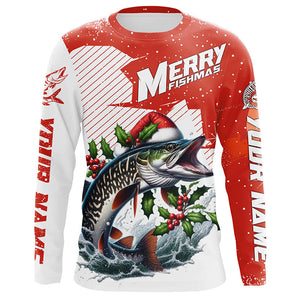 Merry Fishmas Custom Musky Long Sleeve Christmas Fishing Shirts, Personalized Xmas Fishing Gifts IPHW5581