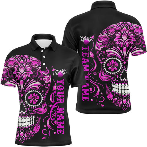 Pink Sugar Skull Tattoo Custom Unisex Team Bowling Polo Shirts, Halloween Team Bowling Jerseys IPHW5244