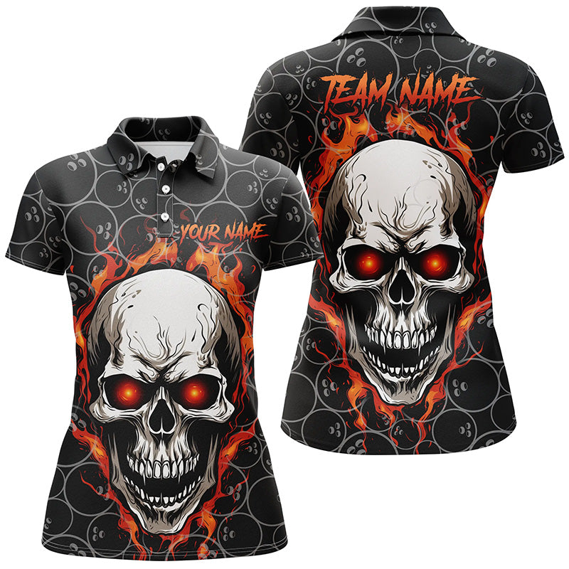 Bowling Pattern Red Flame Skull Custom Bowling Polo Shirts For Women, Bowling Team Jerseys IPHW5246