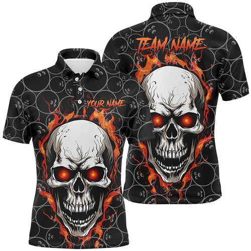 Bowling Pattern Red Flame Skull Custom Bowling Polo Shirts For Men, Bowling Team Shirts Jerseys IPHW5246