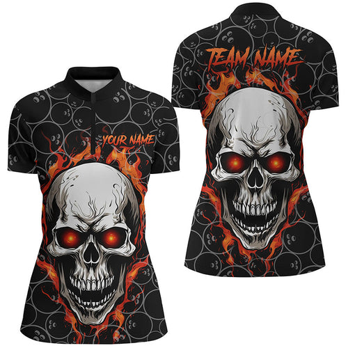Red Flame Skull Custom Women's Bowling Quarter Zip Shirts, Bowling Team Jerseys IPHW5246