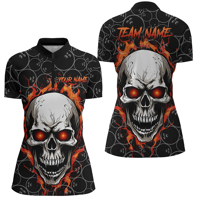 Red Flame Skull Custom Women's Bowling Quarter Zip Shirts, Bowling Team Jerseys IPHW5246