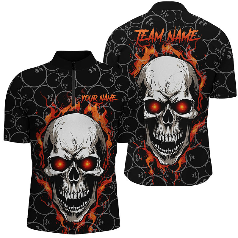 Bowling Pattern Red Flame Skull Custom Bowling Quarter Zip Shirts For Men, Bowling Team Jerseys IPHW5246