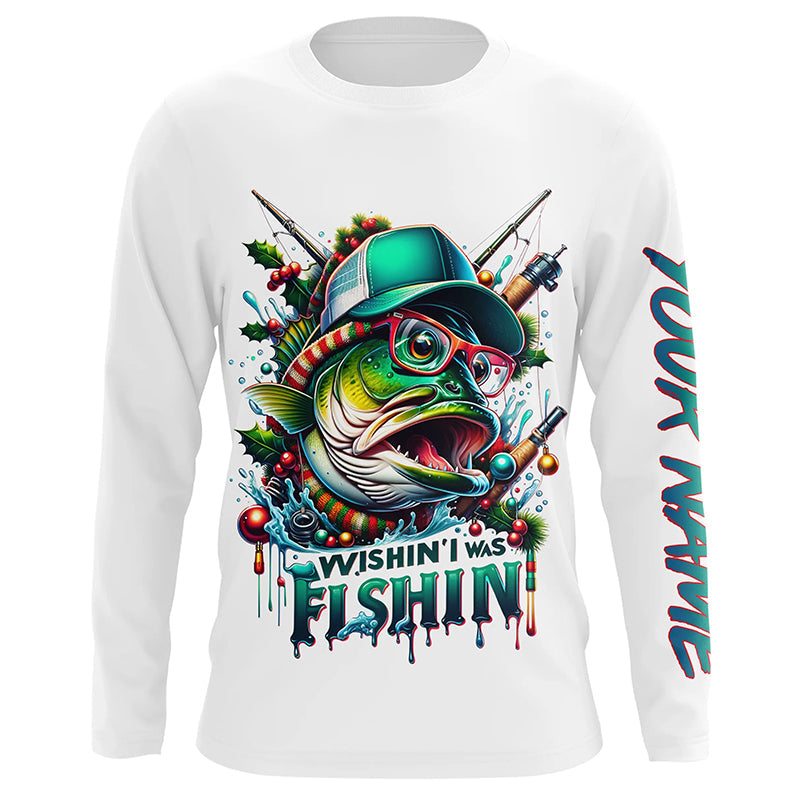 Wishin' I Was Fishin' Custom Funny Bass Christmas Fishing Shirts