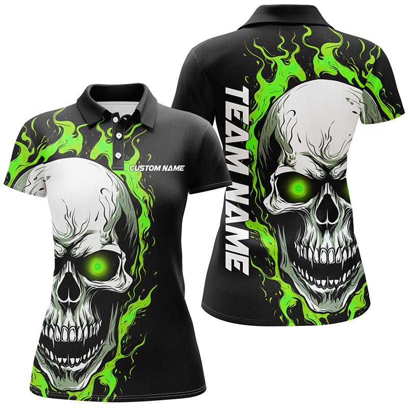 Green Flame Skull Sport Jerseys, Custom Team Bowling Polo Shirts For Women, Bowler Outfits IPHW5270