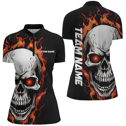Orange Flame Skull Women Sport Jerseys, Custom Team Bowling Ladies Quarter Zip Shirts IPHW5272