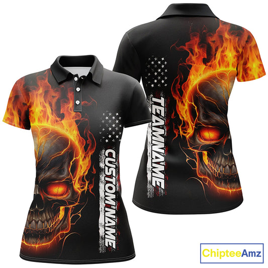 Flame Skull Custom Bowling Polo Shirts For Women,  American Bowling Team Jerseys IPHW5275