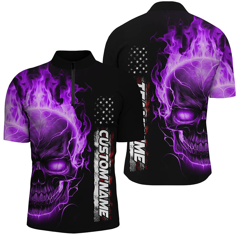 Purple Flame Skull Custom Bowling 1/4 Zip Shirts For Men And Women,  American Bowling Team Jerseys IPHW5276