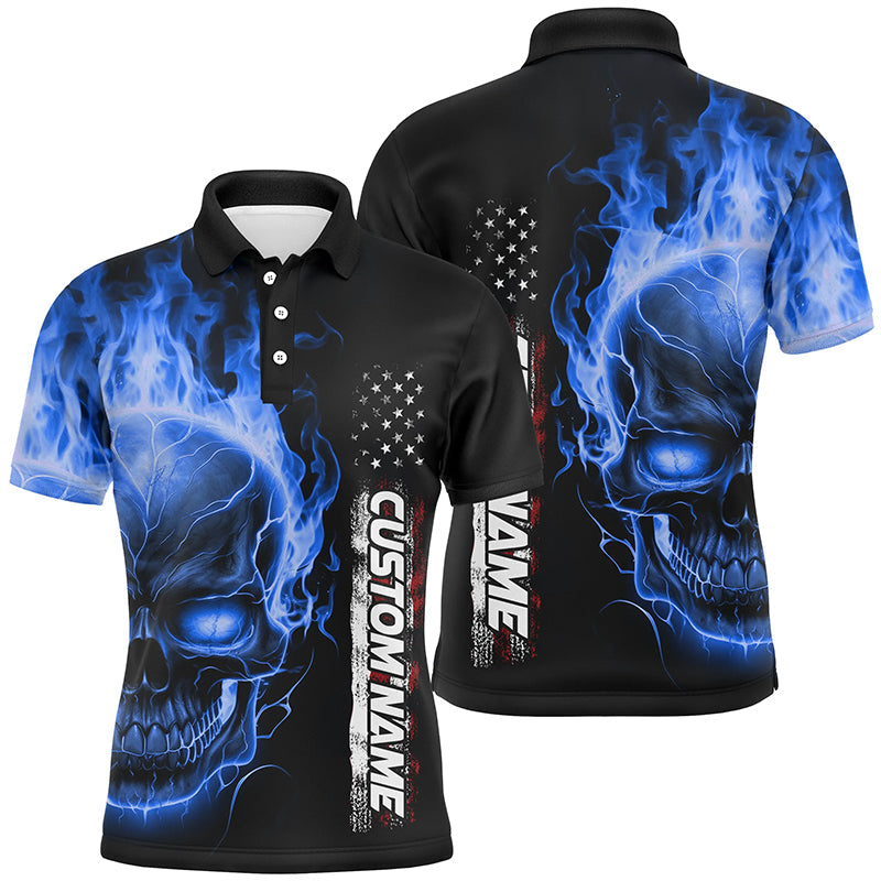 Blue Flame Skull Custom Bowling Polo Shirts For Men And Women,  American Bowling Team Jerseys IPHW5277