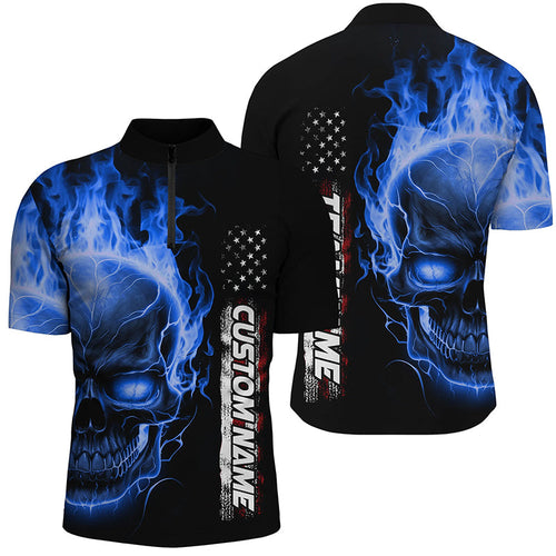 Blue Flame Skull Custom Bowling 1/4 Zip Shirts For Men And Women,  American Bowling Team Jerseys IPHW5277