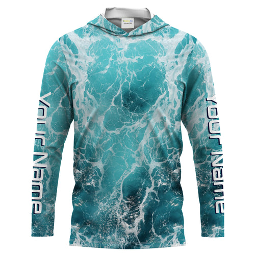Custom Saltwater Long Sleeve performance Fishing Shirts, blue Sea wave camo Fishing jerseys IPHW1327