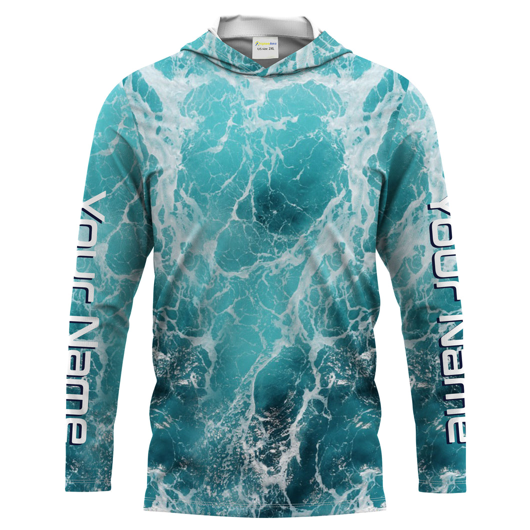 Custom Saltwater Long Sleeve performance Fishing Shirts, blue Sea wave camo Fishing jerseys IPHW1327