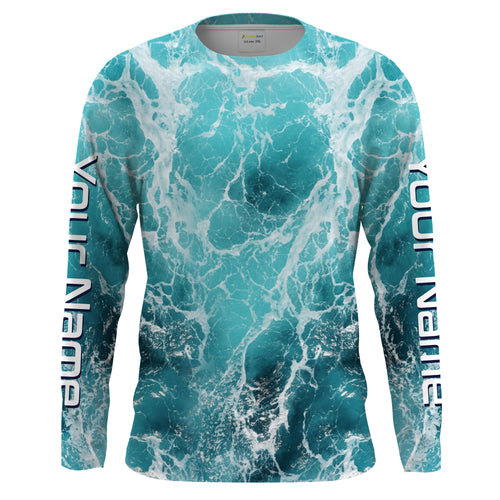 Custom Saltwater Long Sleeve performance Fishing Shirts, blue Sea wave camo Fishing jerseys IPHW1327