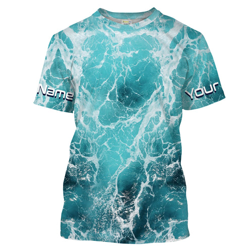 Custom Saltwater Long Sleeve performance Fishing Shirts, blue Sea wave camo Fishing jerseys IPHW1327