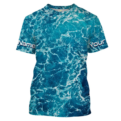 Custom Saltwater Long Sleeve performance Fishing Shirts for anglers | teal blue  Sea wave camo Fishing jerseys - IPHW1328