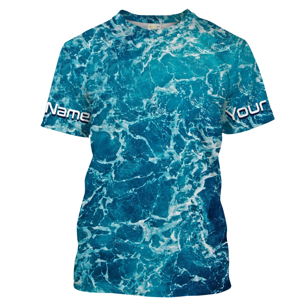 Custom Saltwater Long Sleeve performance Fishing Shirts for anglers | teal blue  Sea wave camo Fishing jerseys - IPHW1328