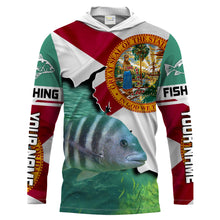 Load image into Gallery viewer, Black Drum Florida Flag Custom UV Long Sleeve Fishing Shirts, FL Tournement Fishing Shirts - IPHW818