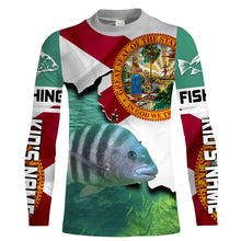 Load image into Gallery viewer, Black Drum Florida Flag Custom UV Long Sleeve Fishing Shirts, FL Tournement Fishing Shirts - IPHW818