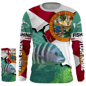 Black Drum Florida Flag Custom UV Long Sleeve Fishing Shirts, FL Tournement Fishing Shirts - IPHW818