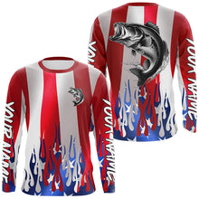 Load image into Gallery viewer, Custom 3D Flame American Flag Bass Long Sleeve Fishing Shirts, Patriotic Bass Fishing Jerseys IPHW6144