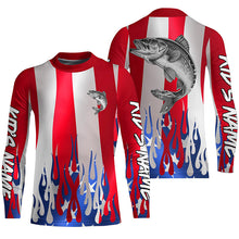 Load image into Gallery viewer, Custom 3D Flame American Flag Walleye Long Sleeve Fishing Shirts, Patriotic Walleye Fishing Jerseys IPHW6145