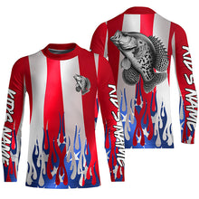 Load image into Gallery viewer, Custom 3D Flame American Flag Crappie Long Sleeve Fishing Shirts, Patriotic Crappie Fishing Jerseys IPHW6146