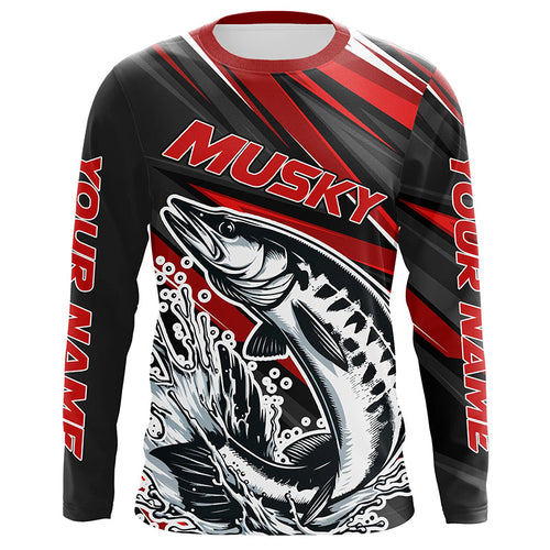 Personalized Musky Fishing Jerseys, Muskie Long Sleeve Tournament Fishing Shirts | Red IPHW5596