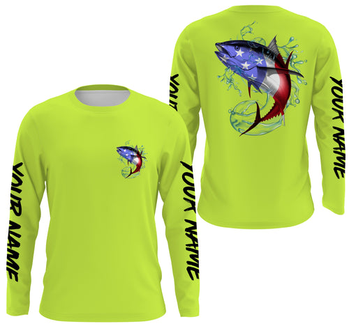 Tuna Fishing American Flag Custom performance Long Sleeve Fishing Shirts, Patriotic Fishing gifts | Lime green IPHW1803